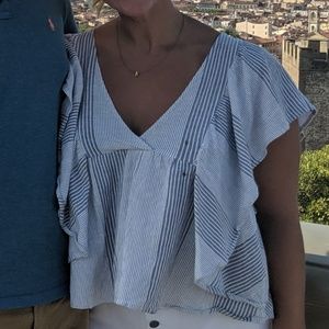 Blue and white stripped, ruffle top